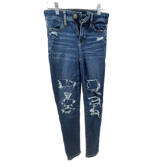 American Eagle Dark Wash Distressed Blue Denim Skinny Jeans Women's Size 0 Short - Picture 1 of 8